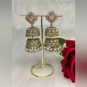 Beautiful Mint Pink With Gold Jhumka Earrings